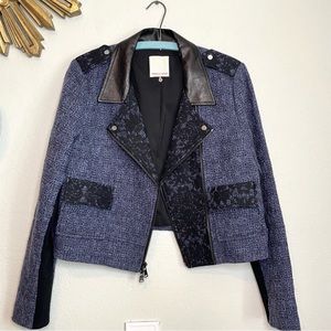 Rebecca Taylor Tweed Lace And Leather Crop Jacket Blazer